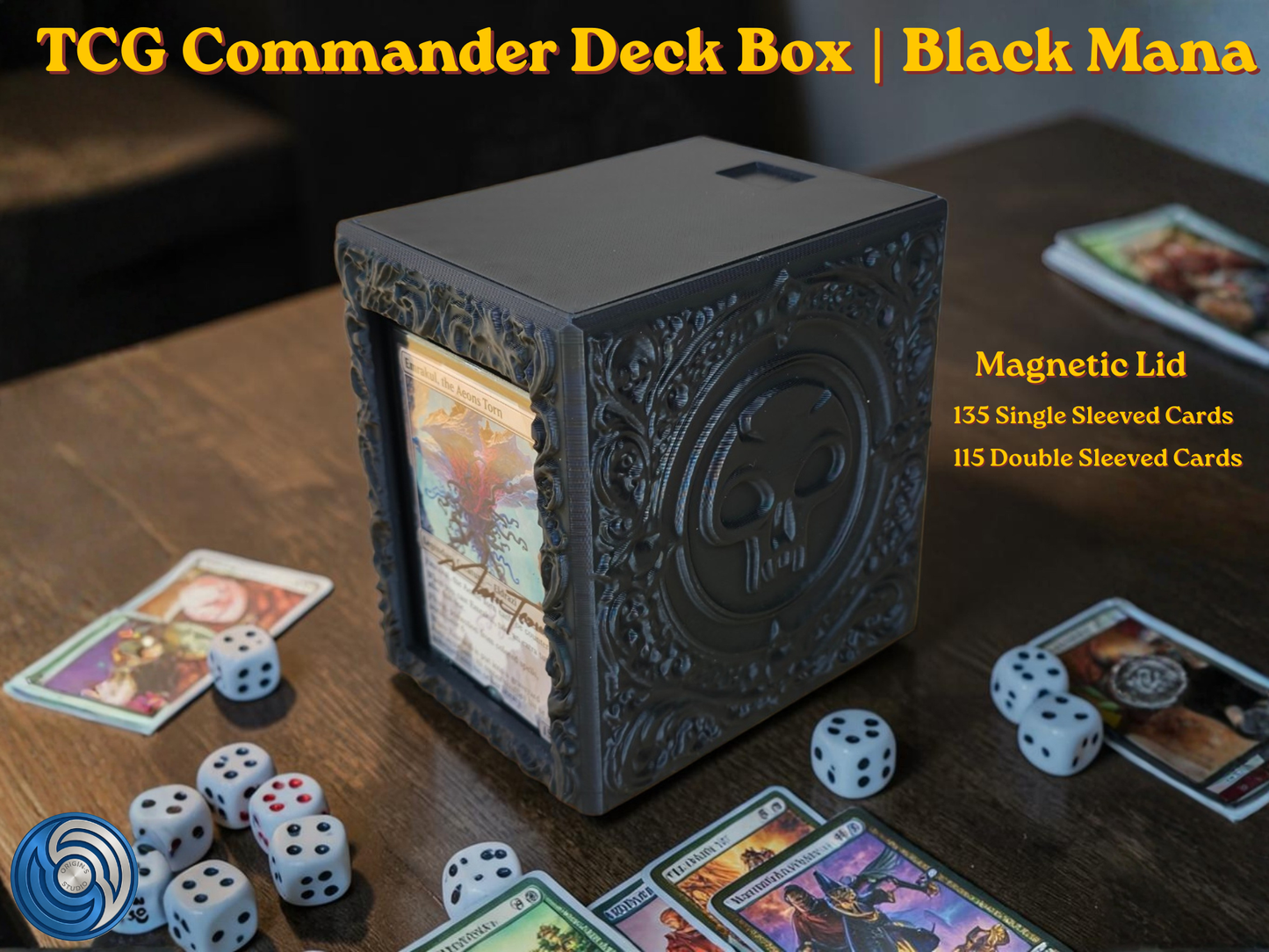 Black Mana Embossed 3D Printed Magnetic MTG Commander EDH Deck Box | Holds 100+ Double Sleeved Cards | Compatible with Magic The Gathering Commander, One Piece TCG, Disney Lorcana, Flesh and Blood | Premium PLA+ Card Vault | Available in Black and Grey | UK Made by Origin·S Studio Rotherham | Gift for TCG Player