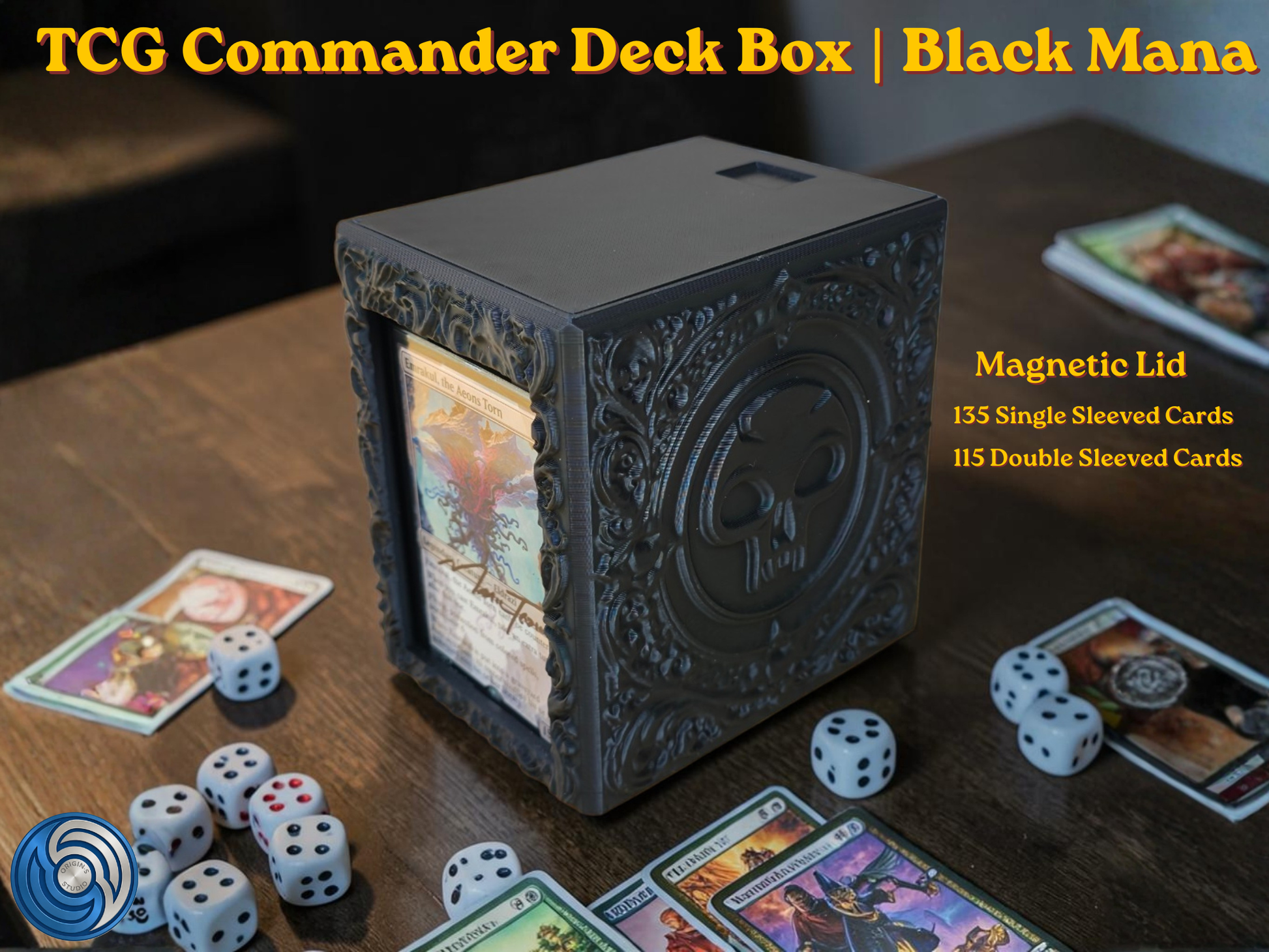 Black Mana Embossed 3D Printed Magnetic MTG Commander EDH Deck Box | Holds 100+ Double Sleeved Cards | Compatible with Magic The Gathering Commander, One Piece TCG, Disney Lorcana, Flesh and Blood | Premium PLA+ Card Vault | Available in Black and Grey | UK Made by Origin·S Studio Rotherham | Gift for TCG Player
