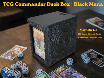 Black Mana Embossed 3D Printed Magnetic MTG Commander EDH Deck Box | Holds 100+ Double Sleeved Cards | Compatible with Magic The Gathering Commander, One Piece TCG, Disney Lorcana, Flesh and Blood | Premium PLA+ Card Vault | Available in Black and Grey | UK Made by Origin·S Studio Rotherham | Gift for TCG Player