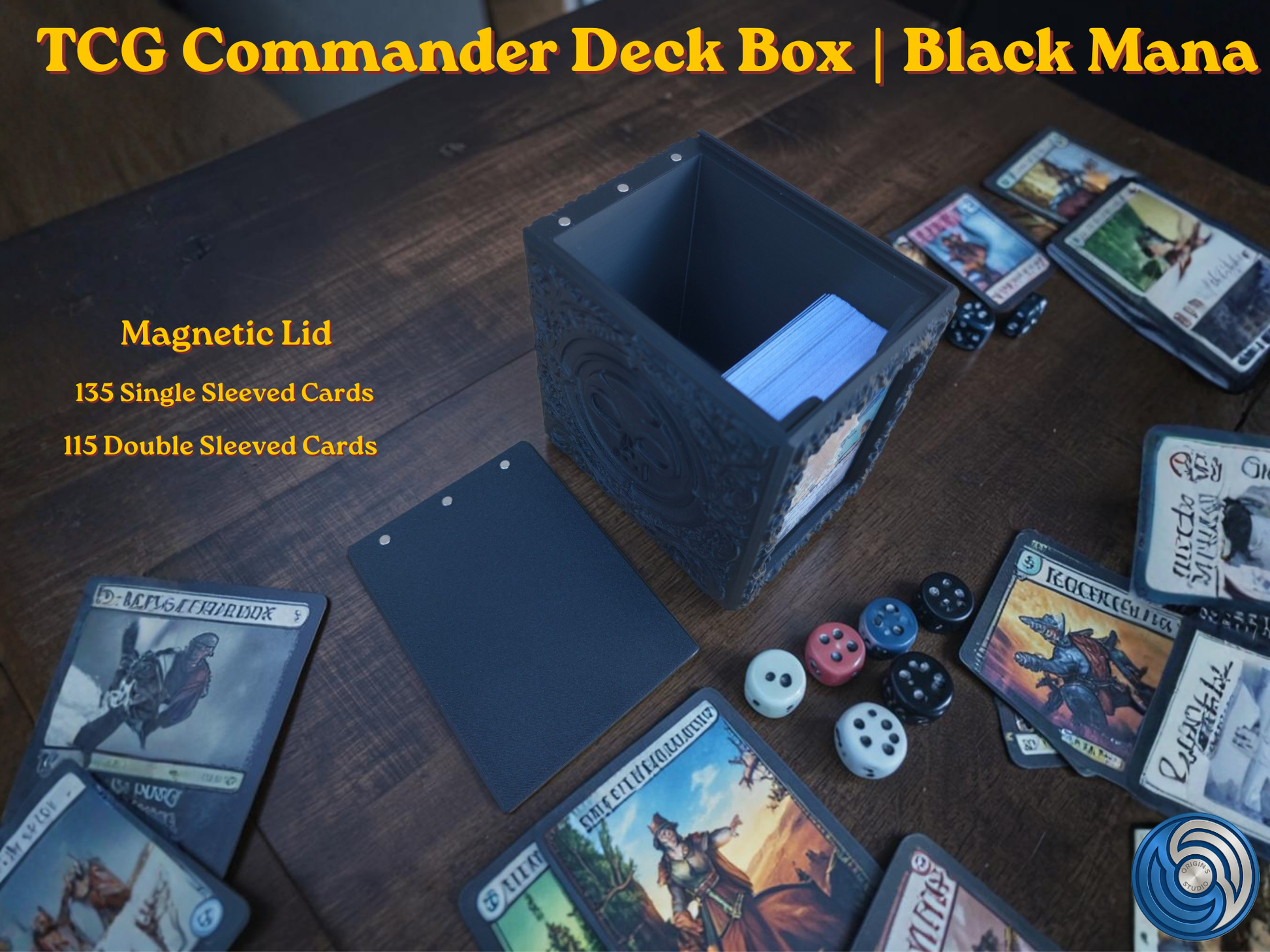 Black Mana Embossed 3D Printed Magnetic MTG Commander EDH Deck Box | Holds 100+ Double Sleeved Cards | Compatible with Magic The Gathering Commander, One Piece TCG, Disney Lorcana, Flesh and Blood | Premium PLA+ Card Vault | Available in Black and Grey | UK Made by Origin·S Studio Rotherham | Gift for TCG Player