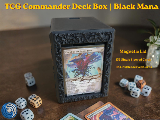 Black Mana Embossed 3D Printed Magnetic MTG Commander EDH Deck Box | Holds 100+ Double Sleeved Cards | Compatible with Magic The Gathering Commander, One Piece TCG, Disney Lorcana, Flesh and Blood | Premium PLA+ Card Vault | Available in Black and Grey | UK Made by Origin·S Studio Rotherham | Gift for TCG Player