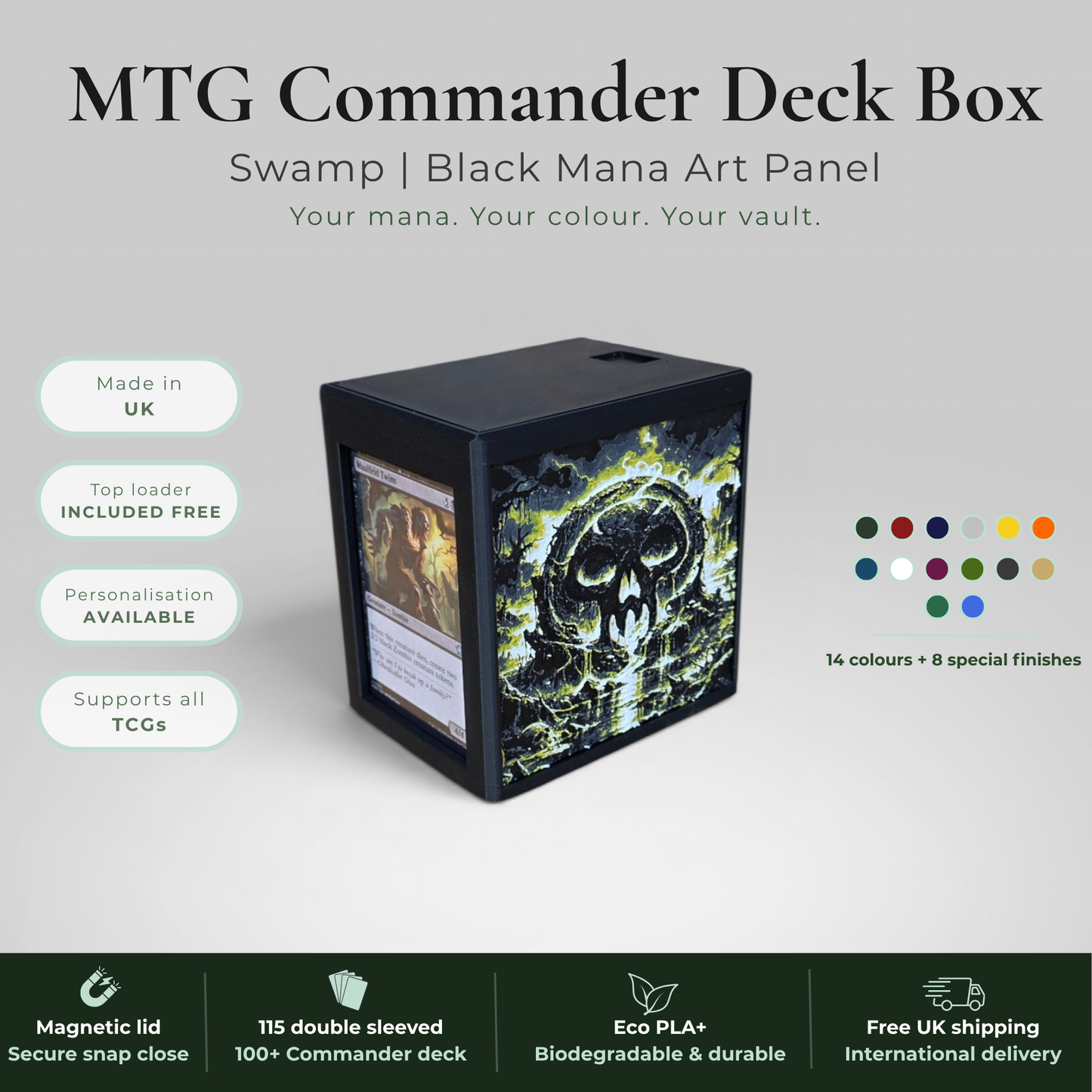 Black Mana MTG Commander Deck Box | Swamp Art Panel | EDH Vault | 115+ Double Sleeved | Magic the Gathering TCG