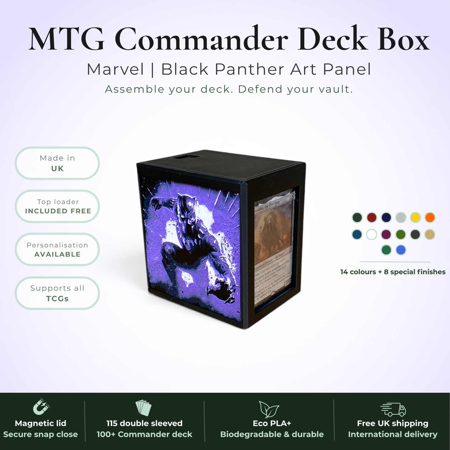Black Panther MTG Commander deck box, Wakanda Forever Marvel art panel, magnetic deck box, handmade UK.
