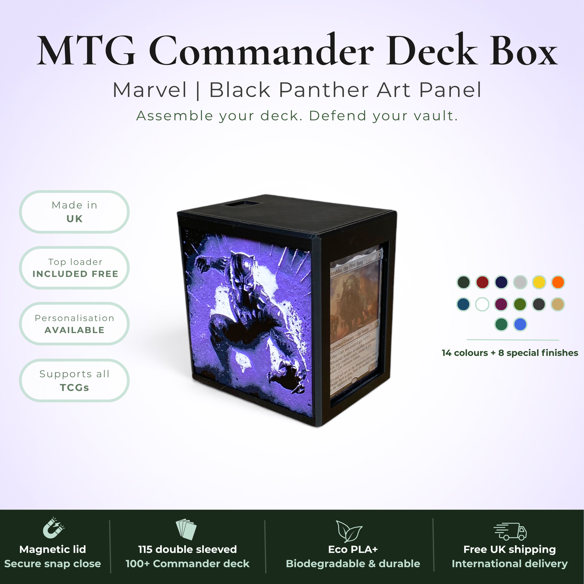 Black Panther MTG Commander deck box, Wakanda Forever Marvel art panel, magnetic deck box, handmade UK.