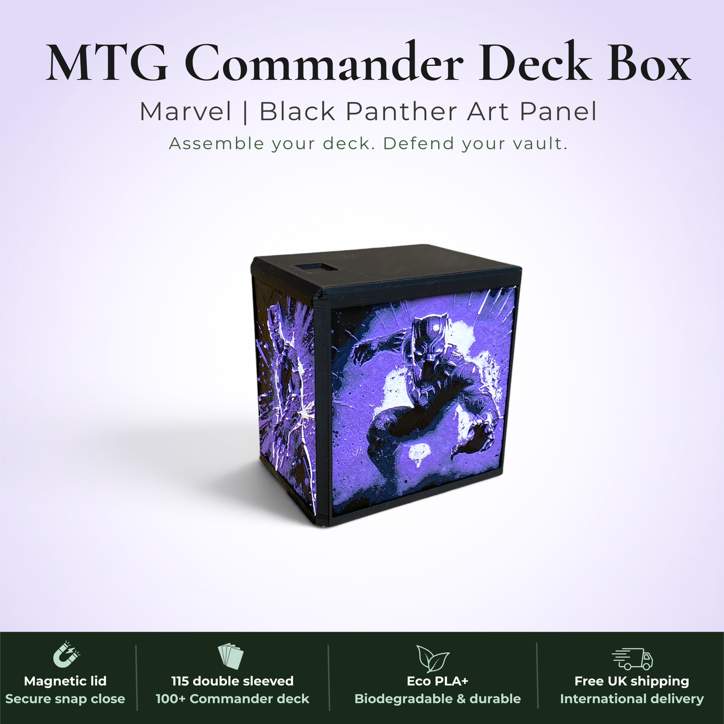 Black Panther MTG Commander deck box, Wakanda Forever Marvel art panel, magnetic deck box, handmade UK.