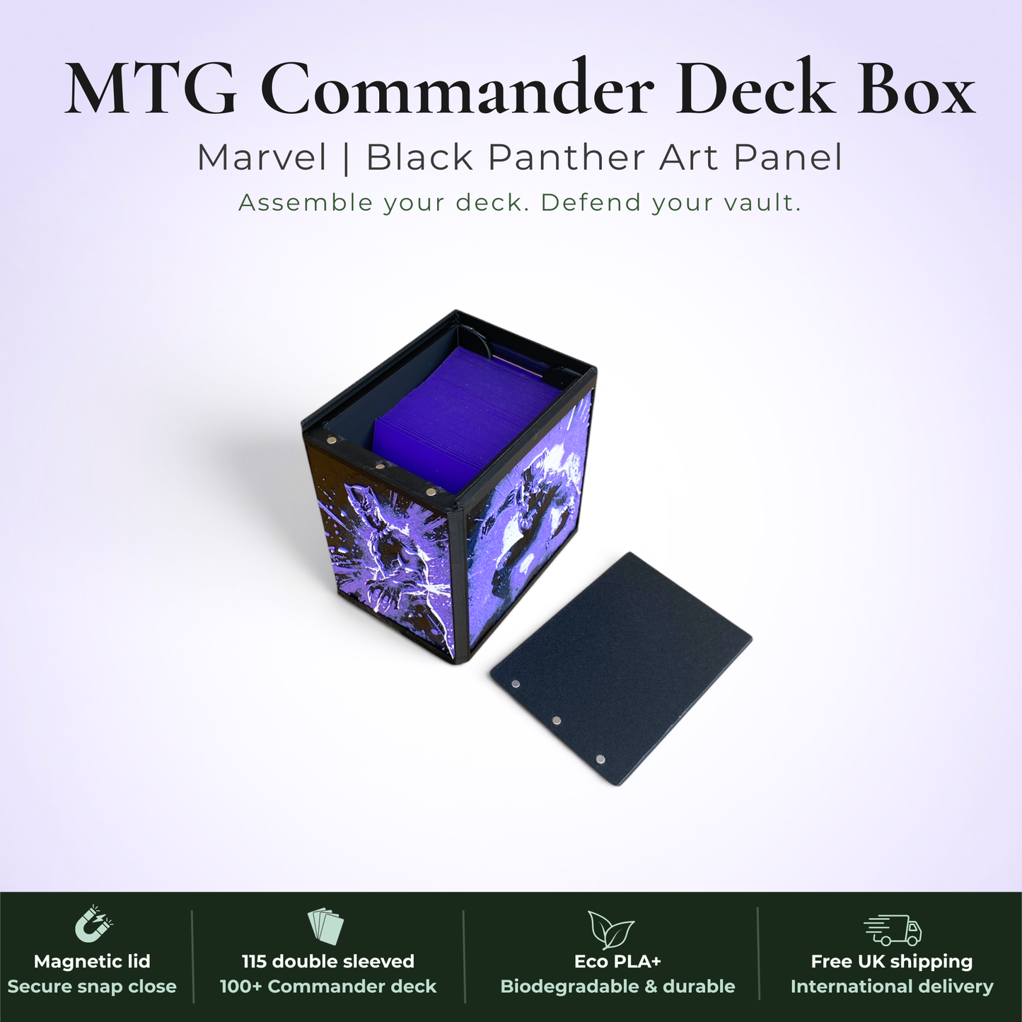 Black Panther MTG Commander deck box, Wakanda Forever Marvel art panel, magnetic deck box, handmade UK.
