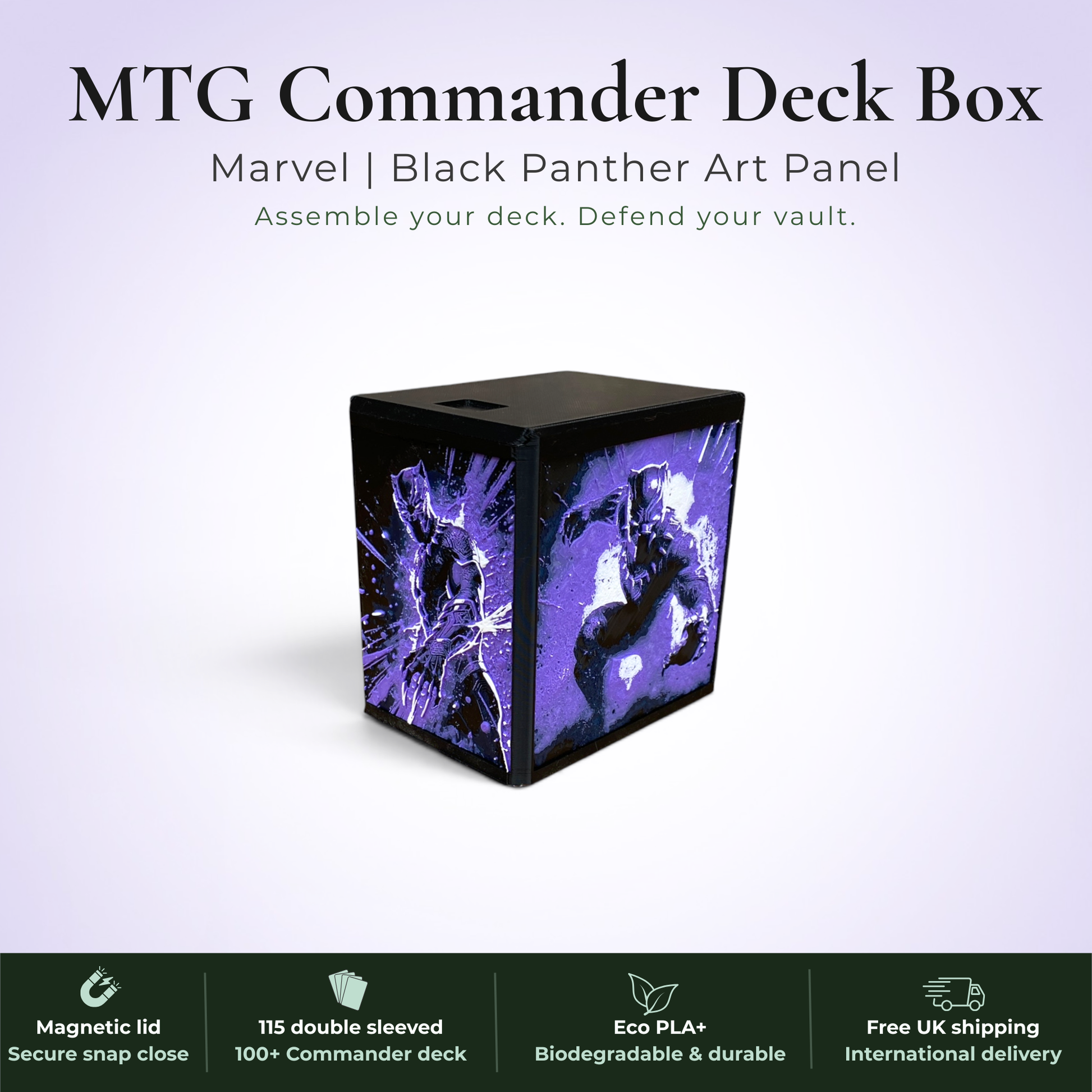 Black Panther MTG Commander deck box, Wakanda Forever Marvel art panel, magnetic deck box, handmade UK.