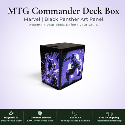 Black Panther MTG Commander deck box, Wakanda Forever Marvel art panel, magnetic deck box, handmade UK.