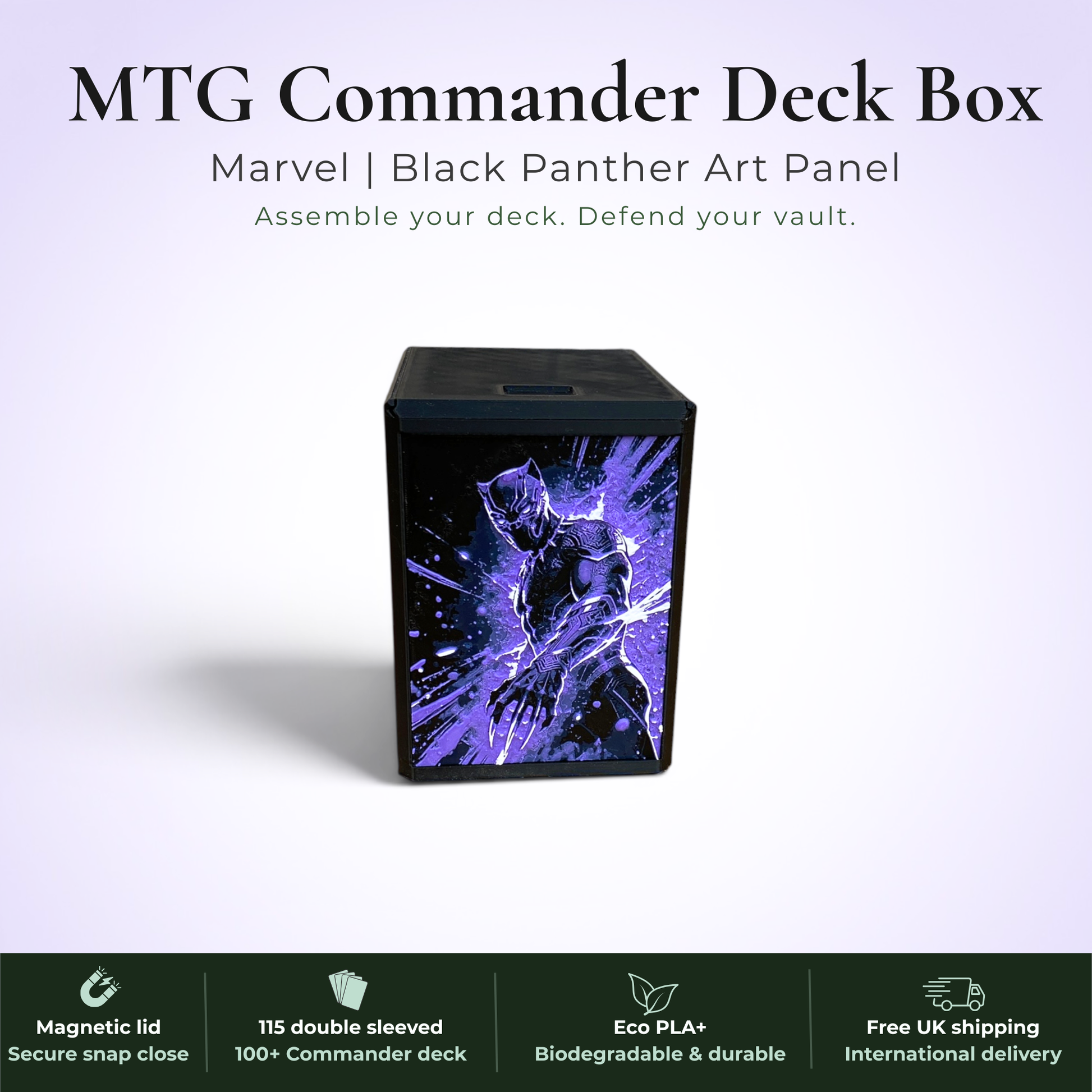 Black Panther MTG Commander deck box, Wakanda Forever Marvel art panel, magnetic deck box, handmade UK.