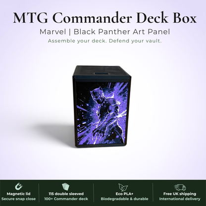 Black Panther MTG Commander deck box, Wakanda Forever Marvel art panel, magnetic deck box, handmade UK.