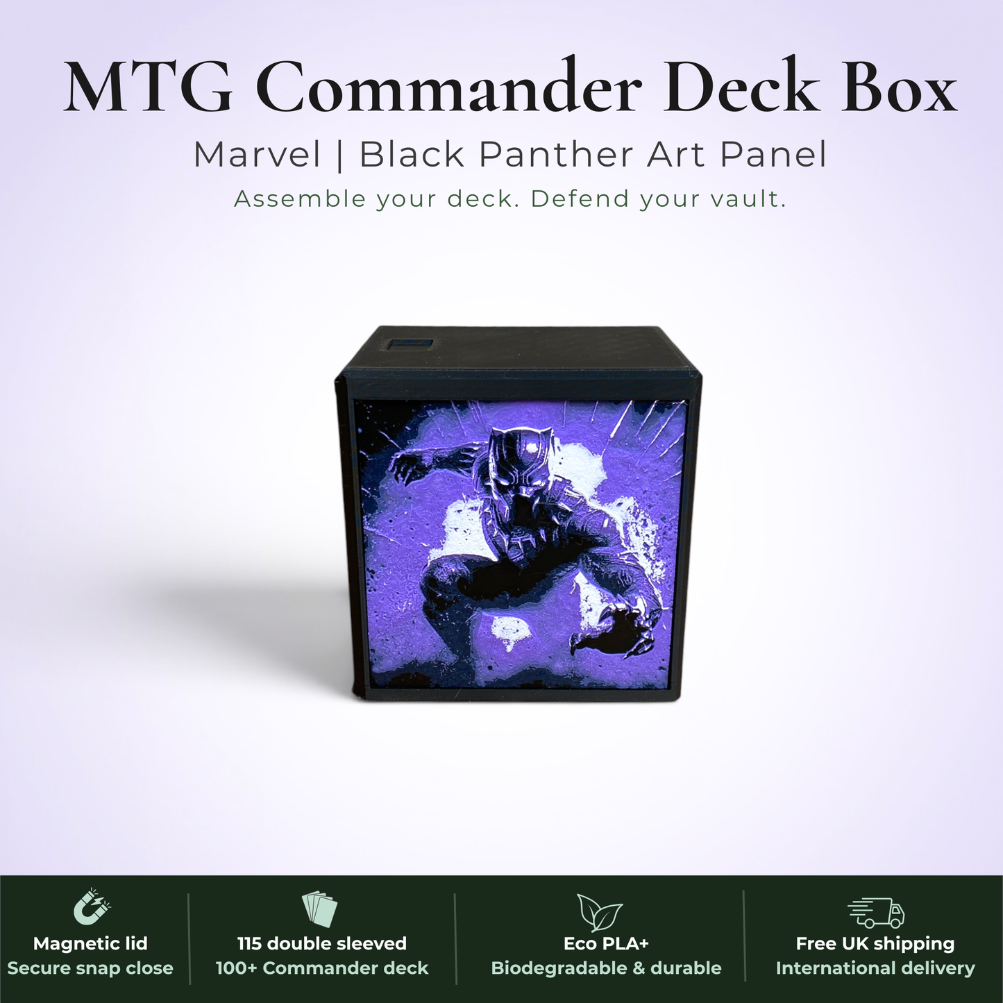 Black Panther MTG Commander deck box, Wakanda Forever Marvel art panel, magnetic deck box, handmade UK.