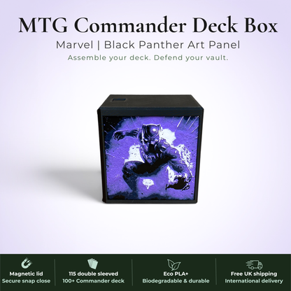 Black Panther MTG Commander deck box, Wakanda Forever Marvel art panel, magnetic deck box, handmade UK.