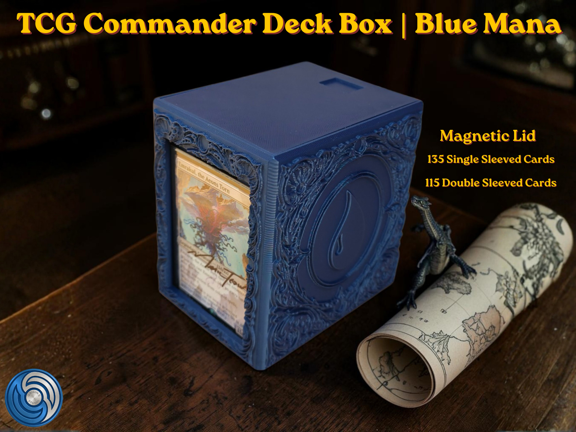 Blue Mana Embossed 3D Printed Magnetic MTG Commander EDH Deck Box | Holds 100+ Double Sleeved Cards | Compatible with Magic The Gathering Commander, One Piece TCG, Disney Lorcana, Flesh and Blood | Premium PLA+ Card Vault | Available in Navy Blue and Grey | UK Made by Origin·S Studio Rotherham | Gift for TCG Player