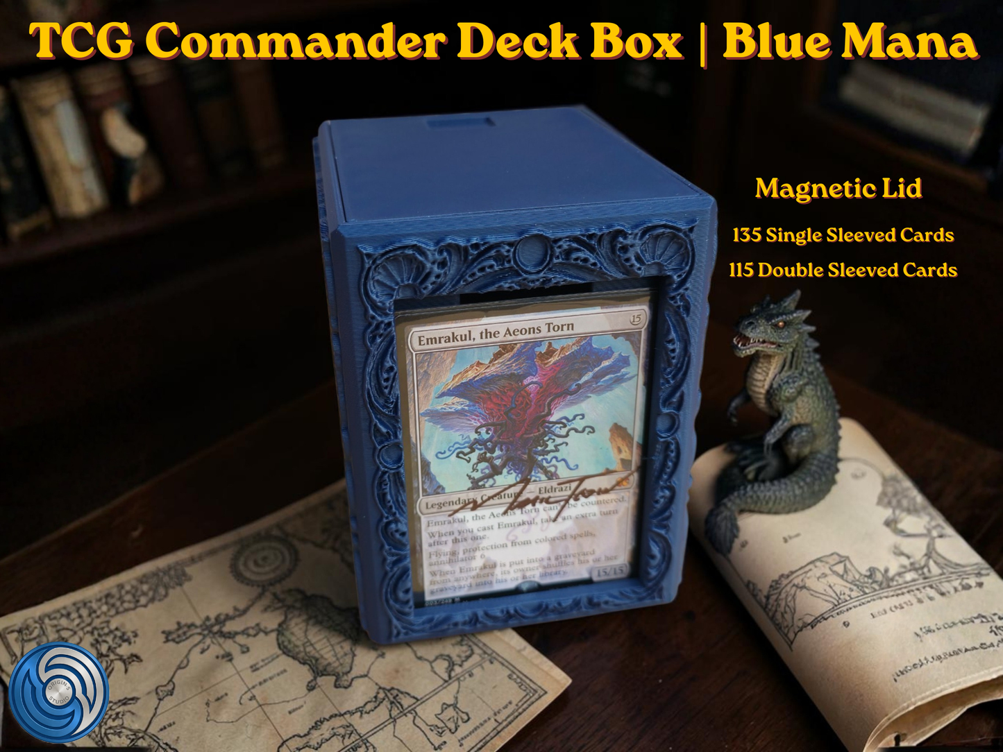 Blue Mana Embossed 3D Printed Magnetic MTG Commander EDH Deck Box | Holds 100+ Double Sleeved Cards | Compatible with Magic The Gathering Commander, One Piece TCG, Disney Lorcana, Flesh and Blood | Premium PLA+ Card Vault | Available in Navy Blue and Grey | UK Made by Origin·S Studio Rotherham | Gift for TCG Player