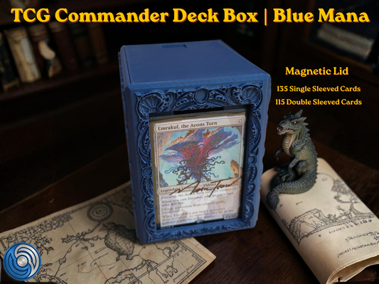 Blue Mana Embossed 3D Printed Magnetic MTG Commander EDH Deck Box | Holds 100+ Double Sleeved Cards | Compatible with Magic The Gathering Commander, One Piece TCG, Disney Lorcana, Flesh and Blood | Premium PLA+ Card Vault | Available in Navy Blue and Grey | UK Made by Origin·S Studio Rotherham | Gift for TCG Player