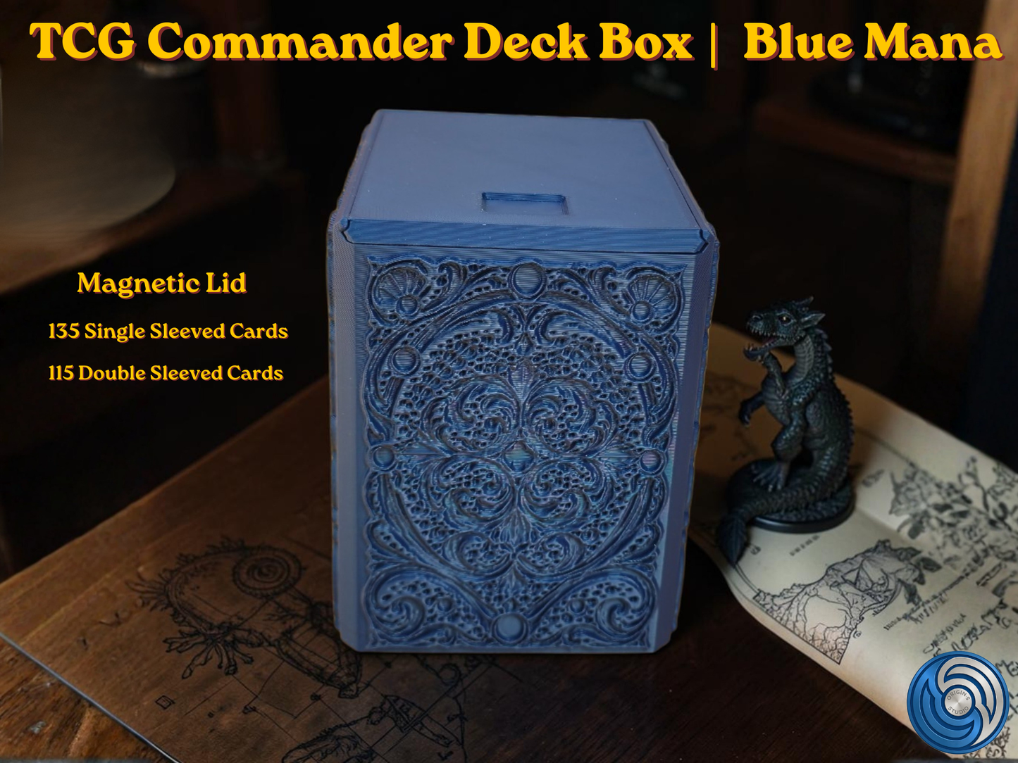 Blue Mana Embossed 3D Printed Magnetic MTG Commander EDH Deck Box | Holds 100+ Double Sleeved Cards | Compatible with Magic The Gathering Commander, One Piece TCG, Disney Lorcana, Flesh and Blood | Premium PLA+ Card Vault | Available in Navy Blue and Grey | UK Made by Origin·S Studio Rotherham | Gift for TCG Player