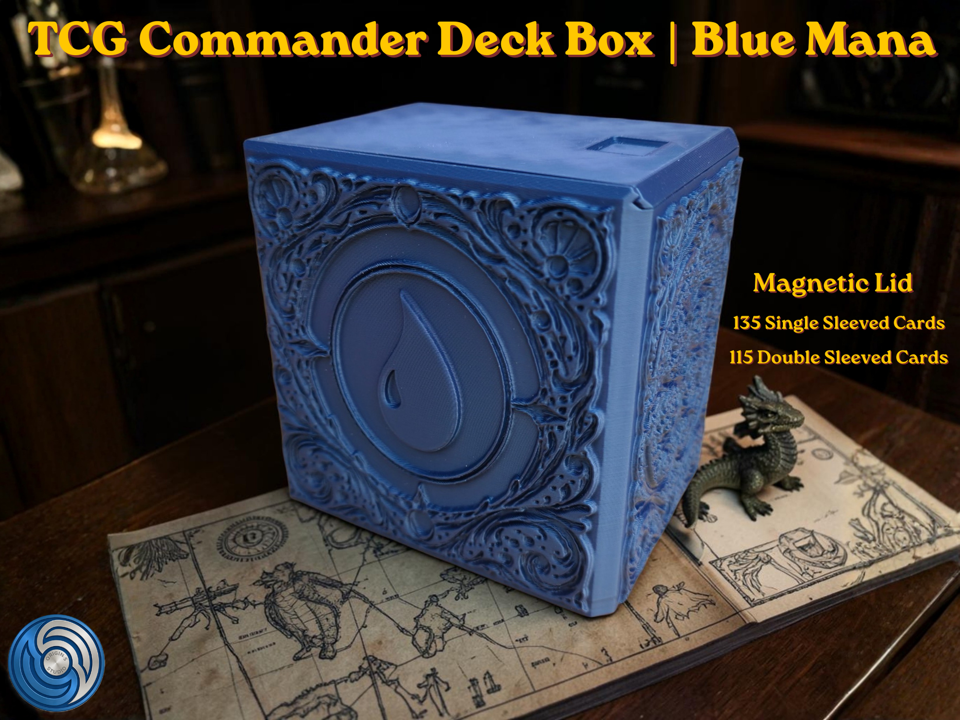 Blue Mana Embossed 3D Printed Magnetic MTG Commander EDH Deck Box | Holds 100+ Double Sleeved Cards | Compatible with Magic The Gathering Commander, One Piece TCG, Disney Lorcana, Flesh and Blood | Premium PLA+ Card Vault | Available in Navy Blue and Grey | UK Made by Origin·S Studio Rotherham | Gift for TCG Player