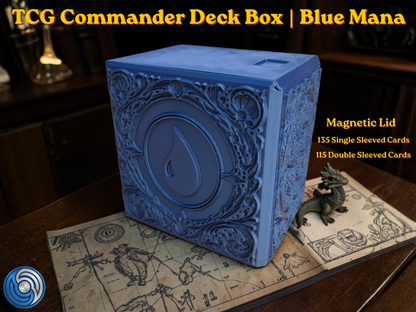 Blue Mana Embossed 3D Printed Magnetic MTG Commander EDH Deck Box | Holds 100+ Double Sleeved Cards | Compatible with Magic The Gathering Commander, One Piece TCG, Disney Lorcana, Flesh and Blood | Premium PLA+ Card Vault | Available in Navy Blue and Grey | UK Made by Origin·S Studio Rotherham | Gift for TCG Player