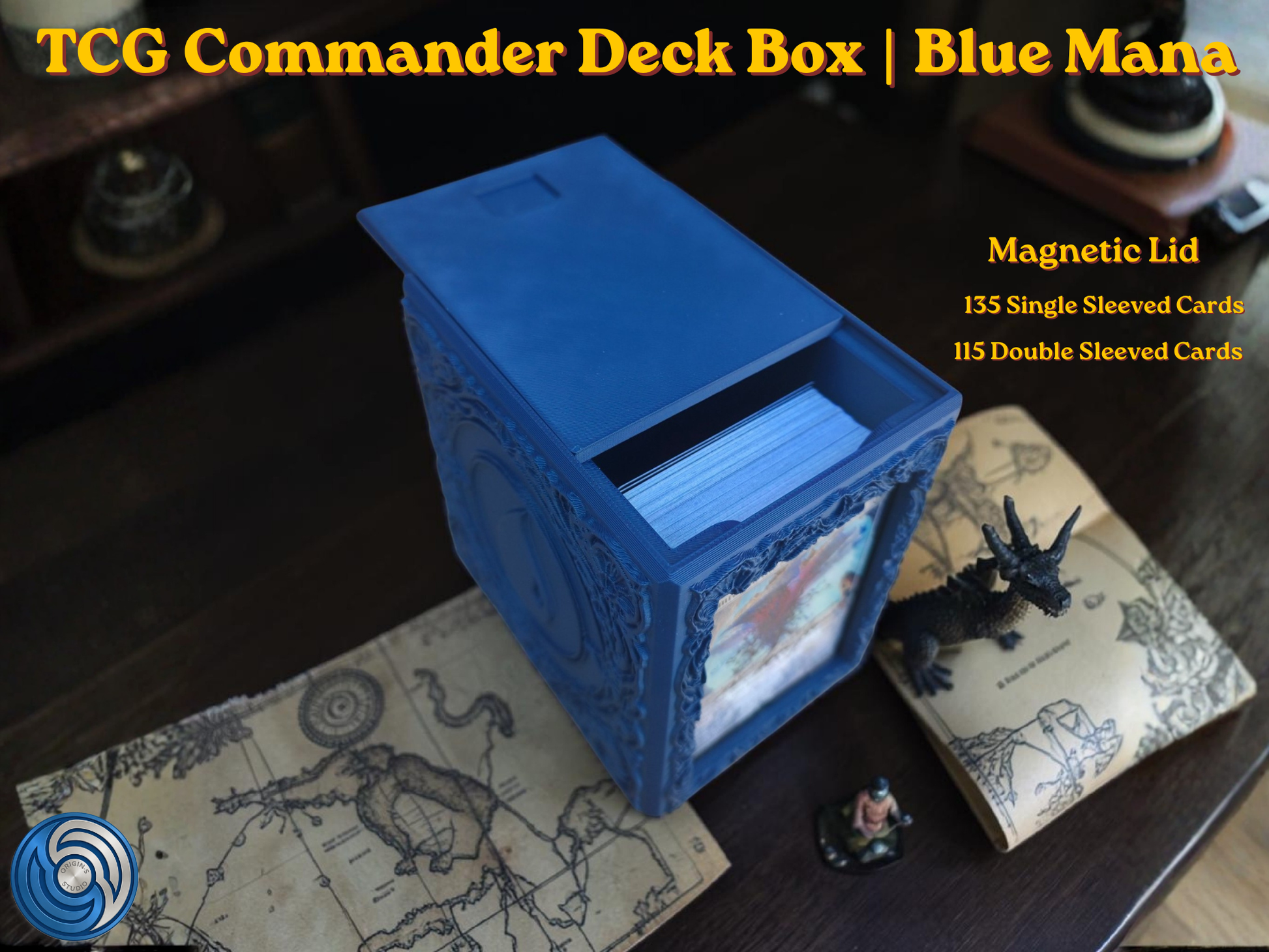 Blue Mana Embossed 3D Printed Magnetic MTG Commander EDH Deck Box | Holds 100+ Double Sleeved Cards | Compatible with Magic The Gathering Commander, One Piece TCG, Disney Lorcana, Flesh and Blood | Premium PLA+ Card Vault | Available in Navy Blue and Grey | UK Made by Origin·S Studio Rotherham | Gift for TCG Player