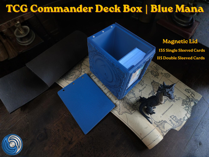 Blue Mana Embossed 3D Printed Magnetic MTG Commander EDH Deck Box | Holds 100+ Double Sleeved Cards | Compatible with Magic The Gathering Commander, One Piece TCG, Disney Lorcana, Flesh and Blood | Premium PLA+ Card Vault | Available in Navy Blue and Grey | UK Made by Origin·S Studio Rotherham | Gift for TCG Player