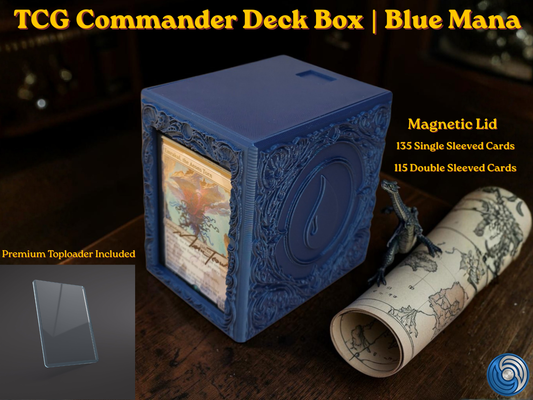 Blue Mana Embossed 3D Printed Magnetic MTG Commander EDH Deck Box | Holds 100+ Double-Sleeved Cards | Compatible with Magic The Gathering Commander, One Piece TCG, Disney Lorcana, Flesh and Blood | Premium PLA+ Card Vault is available in Navy Blue and Grey, UK-made by Origin·S Studio Rotherham, and a Gift for TCG players.
