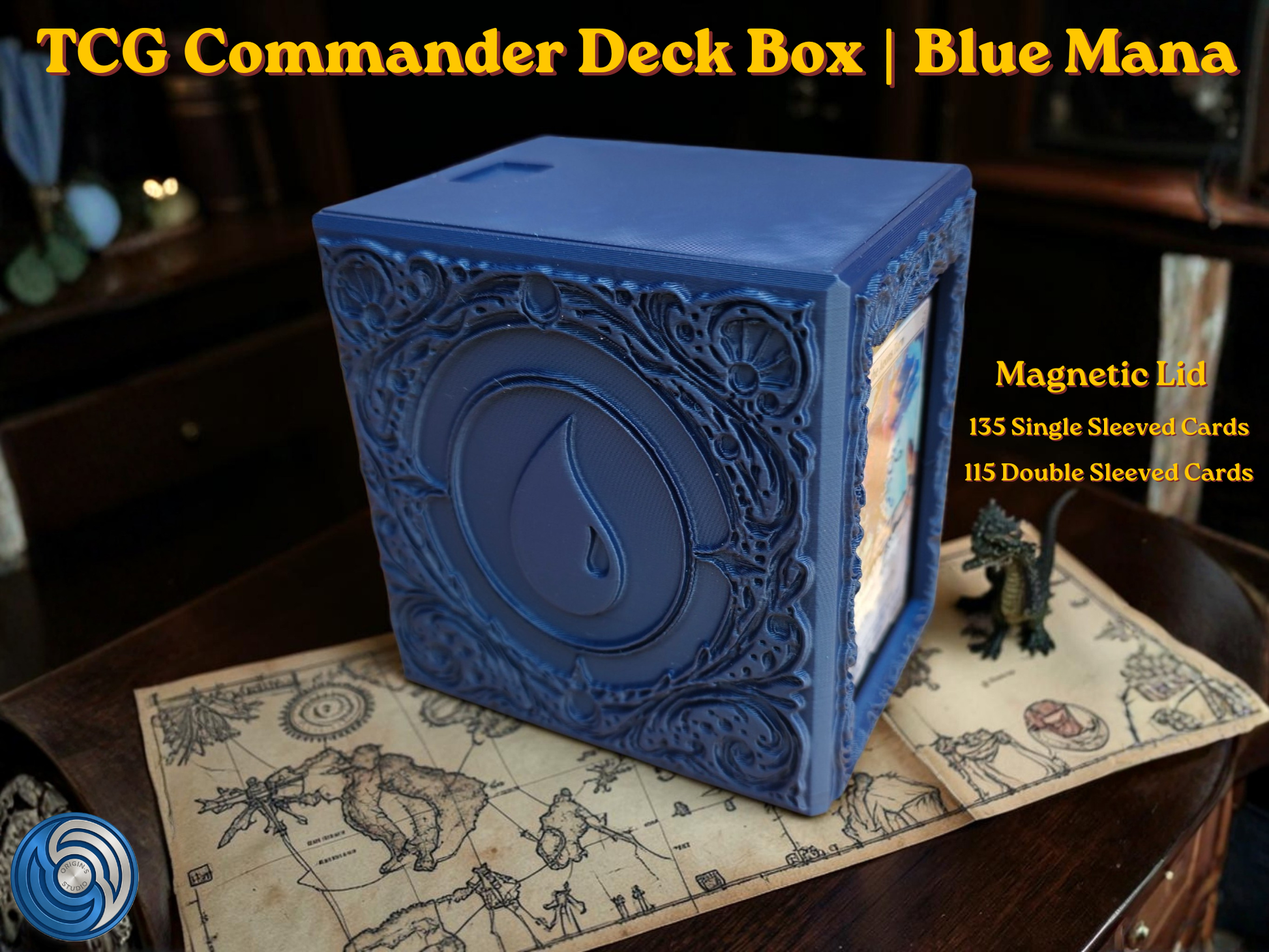 Blue Mana Embossed 3D Printed Magnetic MTG Commander EDH Deck Box | Holds 100+ Double Sleeved Cards | Compatible with Magic The Gathering Commander, One Piece TCG, Disney Lorcana, Flesh and Blood | Premium PLA+ Card Vault | Available in Navy Blue and Grey | UK Made by Origin·S Studio Rotherham | Gift for TCG Player