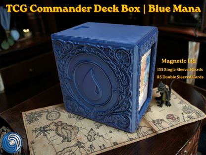 Blue Mana Embossed 3D Printed Magnetic MTG Commander EDH Deck Box | Holds 100+ Double Sleeved Cards | Compatible with Magic The Gathering Commander, One Piece TCG, Disney Lorcana, Flesh and Blood | Premium PLA+ Card Vault | Available in Navy Blue and Grey | UK Made by Origin·S Studio Rotherham | Gift for TCG Player