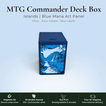 Blue mana MTG Commander deck box handmade in Rotherham UK — Island blue mana drop and mountain waterfall art panels in blue and white filament, magnetic lid, 115 double-sleeved card capacity, Commander display slot with top-loader included, colour applies to box body only, available in 14 colours and 8 special finishes.