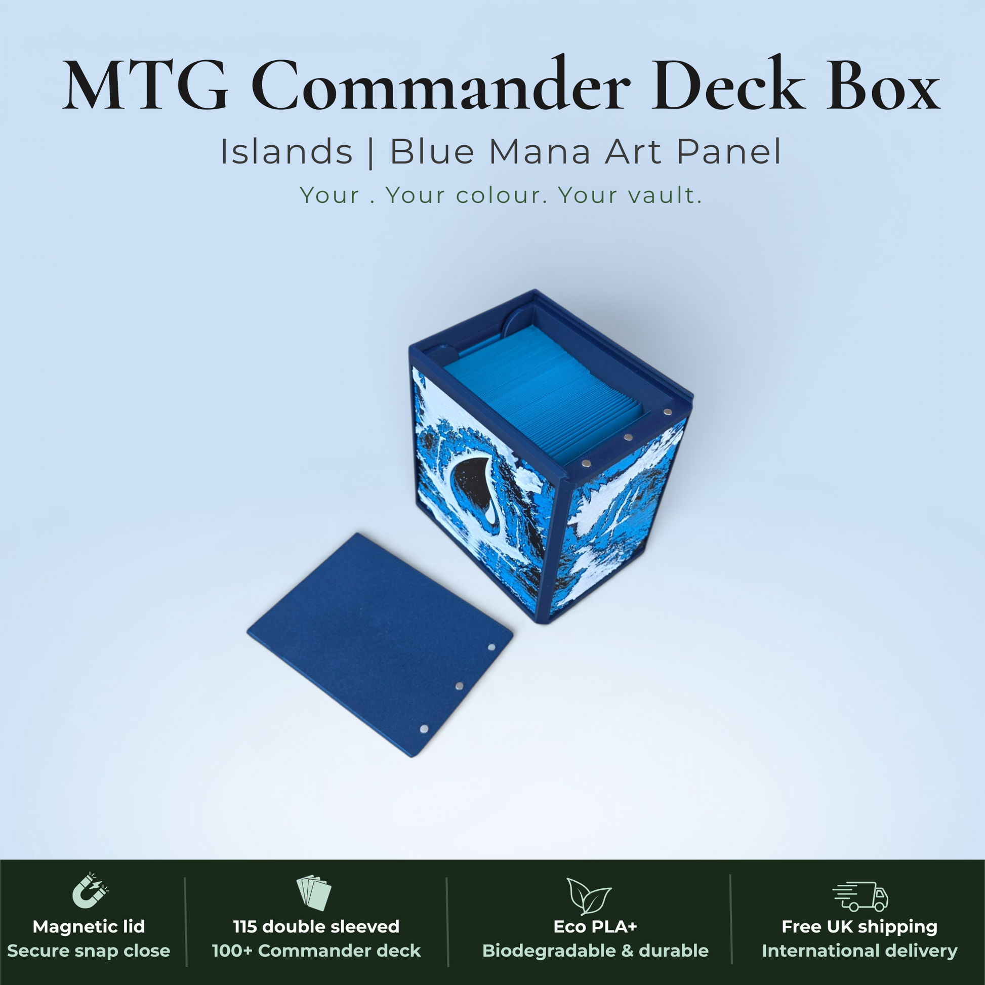 Blue mana MTG Commander deck box handmade in Rotherham UK — Island blue mana drop and mountain waterfall art panels in blue and white filament, magnetic lid, 115 double-sleeved card capacity, Commander display slot with top-loader included, colour applies to box body only, available in 14 colours and 8 special finishes.