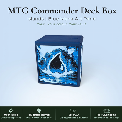 Blue mana MTG Commander deck box handmade in Rotherham UK — Island blue mana drop and mountain waterfall art panels in blue and white filament, magnetic lid, 115 double-sleeved card capacity, Commander display slot with top-loader included, colour applies to box body only, available in 14 colours and 8 special finishes.