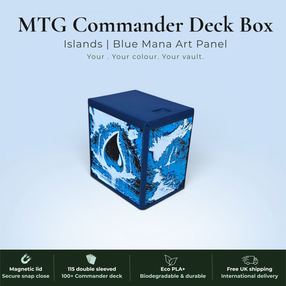 Blue mana MTG Commander deck box handmade in Rotherham UK — Island blue mana drop and mountain waterfall art panels in blue and white filament, magnetic lid, 115 double-sleeved card capacity, Commander display slot with top-loader included, colour applies to box body only, available in 14 colours and 8 special finishes.