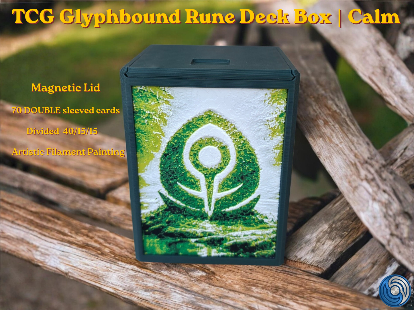 Glyphbound Calm Rune Riftbound Magnetic TCG Deck Box | HueForge Multi-Colour Art Panel | Green Calm Rune Edition | Compatible with Riftbound, Pokémon TCG, Yu-Gi-Oh! and MTG Draft | Holds 70 Double Sleeved Cards | UK Made by Origin·S Studio Rotherham | Gift for TCG Player