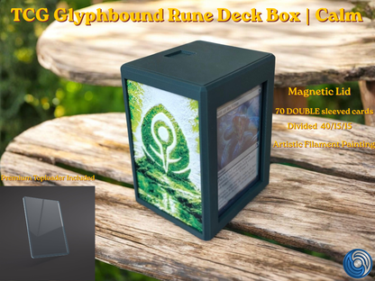 Glyphbound Calm Rune Riftbound Magnetic TCG Deck Box | HueForge Multi-Colour Art Panel | Green Calm Rune Edition | Compatible with Riftbound, Pokémon TCG, Yu-Gi-Oh! and MTG Draft | Holds 70 Double Sleeved Cards | UK Made by Origin·S Studio Rotherham | Gift for TCG Player