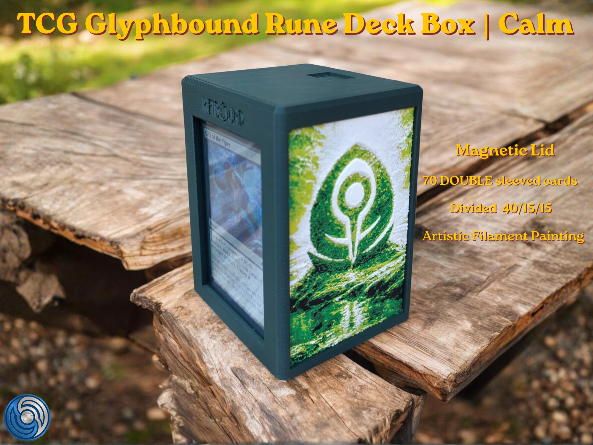 Glyphbound Calm Rune Riftbound Magnetic TCG Deck Box | HueForge Multi-Colour Art Panel | Green Calm Rune Edition | Compatible with Riftbound, Pokémon TCG, Yu-Gi-Oh! and MTG Draft | Holds 70 Double Sleeved Cards | UK Made by Origin·S Studio Rotherham | Gift for TCG Player