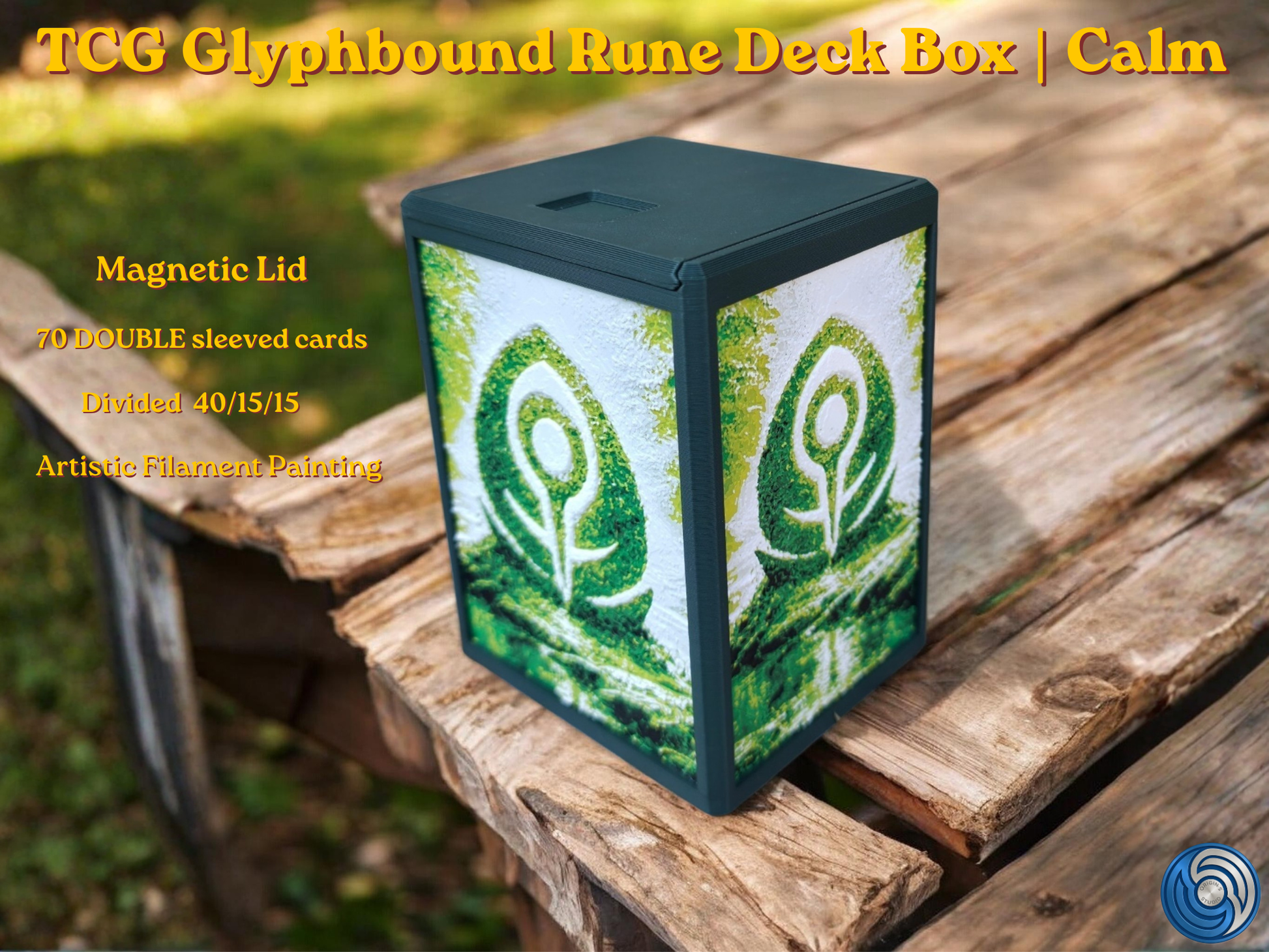 Glyphbound Calm Rune Riftbound Magnetic TCG Deck Box | HueForge Multi-Colour Art Panel | Green Calm Rune Edition | Compatible with Riftbound, Pokémon TCG, Yu-Gi-Oh! and MTG Draft | Holds 70 Double Sleeved Cards | UK Made by Origin·S Studio Rotherham | Gift for TCG Player