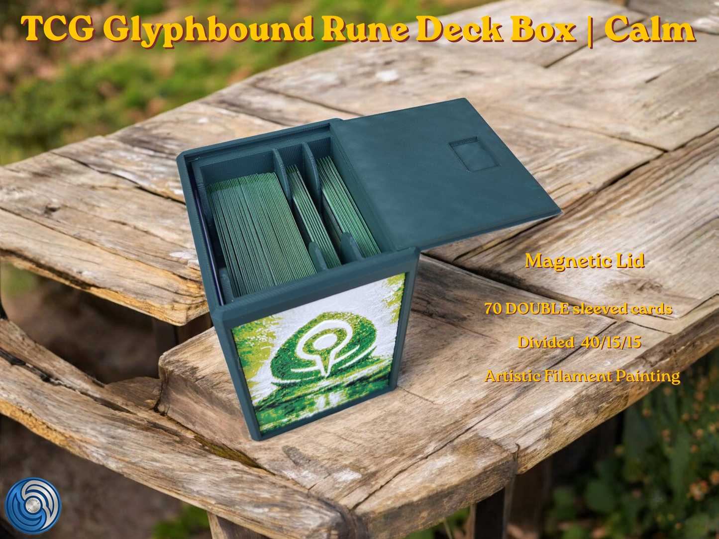 Glyphbound Calm Rune Riftbound Magnetic TCG Deck Box | HueForge Multi-Colour Art Panel | Green Calm Rune Edition | Compatible with Riftbound, Pokémon TCG, Yu-Gi-Oh! and MTG Draft | Holds 70 Double Sleeved Cards | UK Made by Origin·S Studio Rotherham | Gift for TCG Player