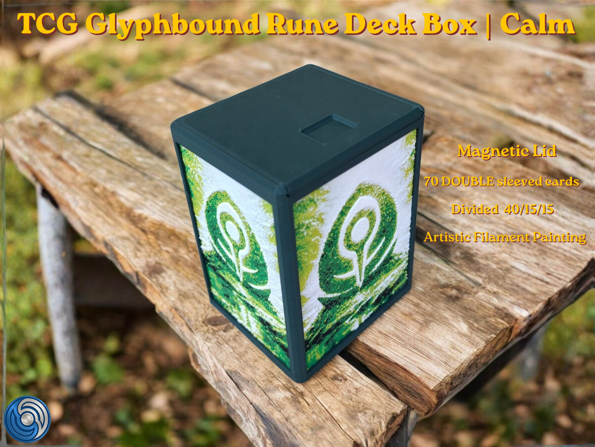 Glyphbound Calm Rune Riftbound Magnetic TCG Deck Box | HueForge Multi-Colour Art Panel | Green Calm Rune Edition | Compatible with Riftbound, Pokémon TCG, Yu-Gi-Oh! and MTG Draft | Holds 70 Double Sleeved Cards | UK Made by Origin·S Studio Rotherham | Gift for TCG Player