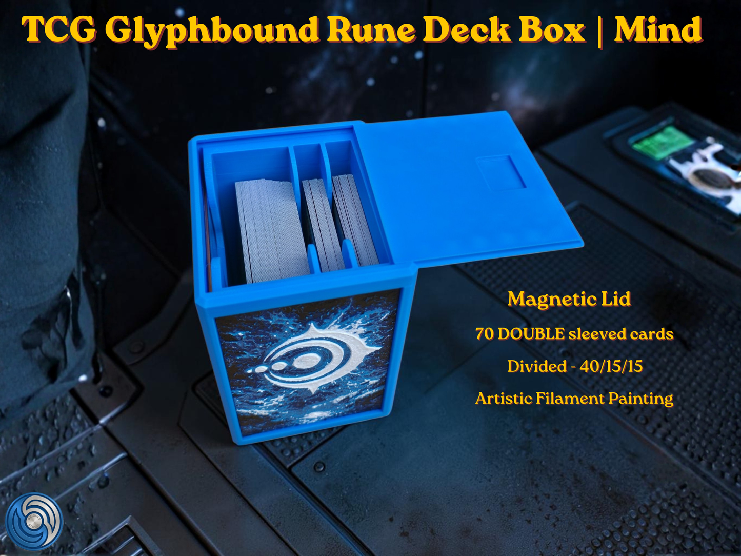 Glyphbound Mind Rune Riftbound Magnetic TCG Deck Box | HueForge Multi-Colour Art Panel | Blue Mind Rune Edition | Compatible with Riftbound, Pokémon TCG, Yu-Gi-Oh! and MTG Draft | Holds 70 Double Sleeved Cards | UK Made by Origin·S Studio Rotherham | Gift for TCG Player
