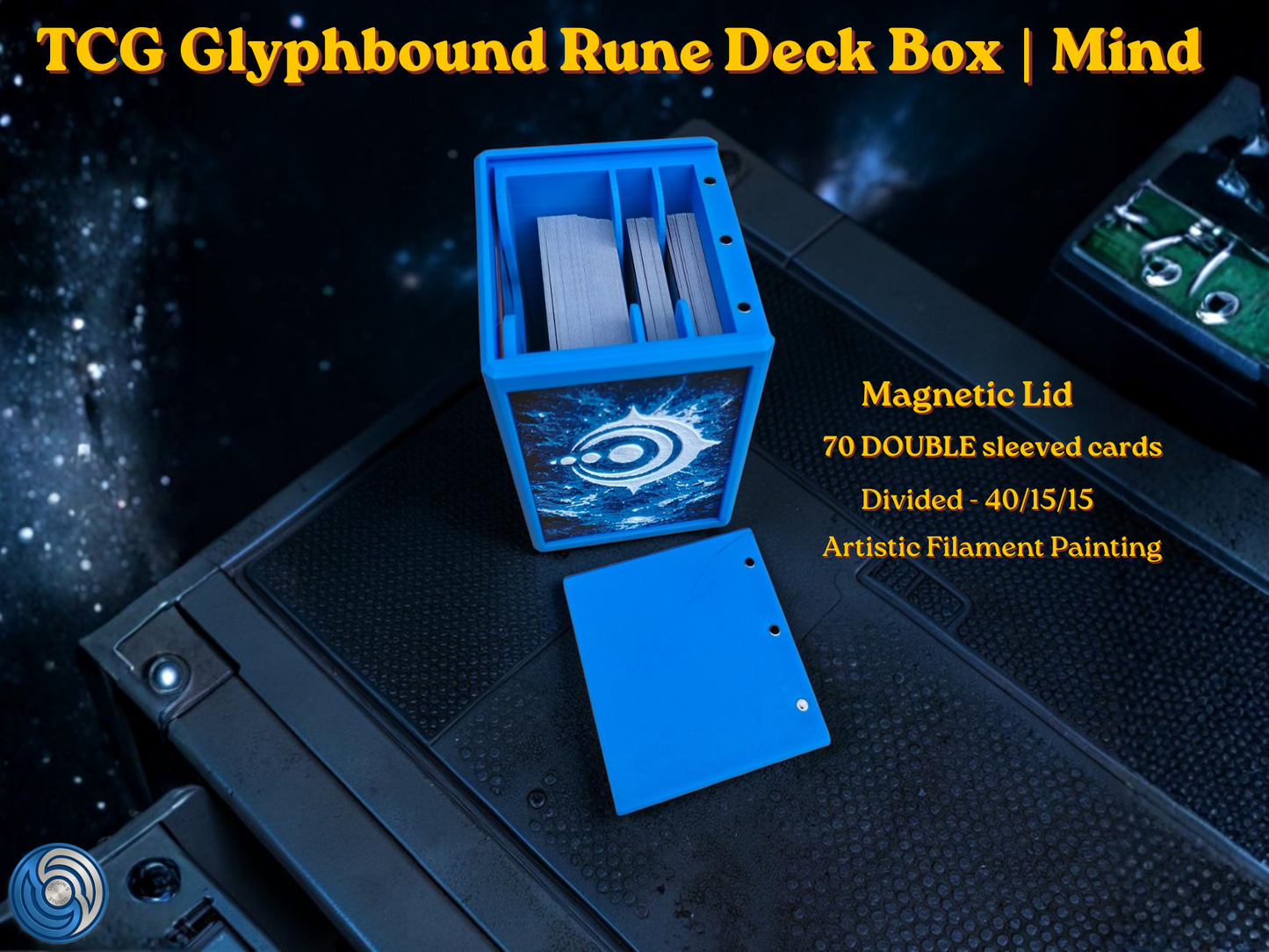 Glyphbound Mind Rune Riftbound Magnetic TCG Deck Box | HueForge Multi-Colour Art Panel | Blue Mind Rune Edition | Compatible with Riftbound, Pokémon TCG, Yu-Gi-Oh! and MTG Draft | Holds 70 Double Sleeved Cards | UK Made by Origin·S Studio Rotherham | Gift for TCG Player