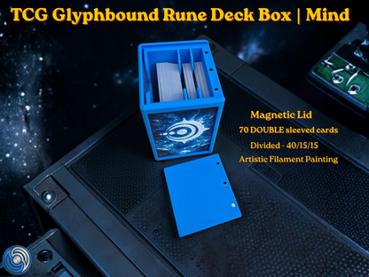 Glyphbound Mind Rune Riftbound Magnetic TCG Deck Box | HueForge Multi-Colour Art Panel | Blue Mind Rune Edition | Compatible with Riftbound, Pokémon TCG, Yu-Gi-Oh! and MTG Draft | Holds 70 Double Sleeved Cards | UK Made by Origin·S Studio Rotherham | Gift for TCG Player