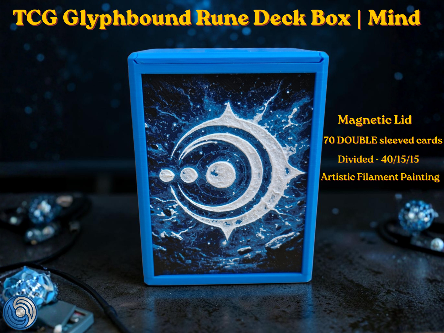 Glyphbound Mind Rune Riftbound Magnetic TCG Deck Box | HueForge Multi-Colour Art Panel | Blue Mind Rune Edition | Compatible with Riftbound, Pokémon TCG, Yu-Gi-Oh! and MTG Draft | Holds 70 Double Sleeved Cards | UK Made by Origin·S Studio Rotherham | Gift for TCG Player