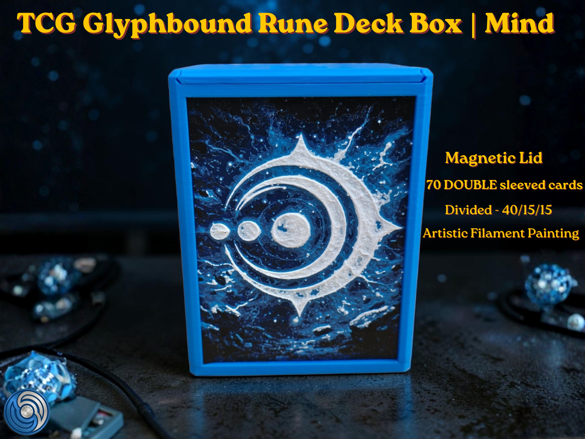Glyphbound Mind Rune Riftbound Magnetic TCG Deck Box | HueForge Multi-Colour Art Panel | Blue Mind Rune Edition | Compatible with Riftbound, Pokémon TCG, Yu-Gi-Oh! and MTG Draft | Holds 70 Double Sleeved Cards | UK Made by Origin·S Studio Rotherham | Gift for TCG Player