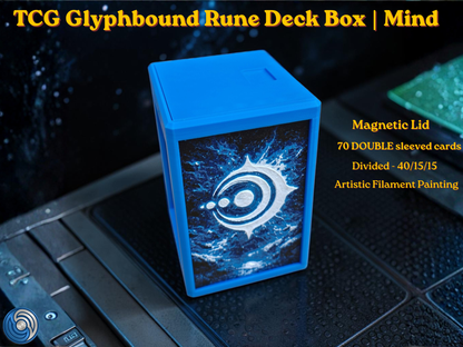 Glyphbound Mind Rune Riftbound Magnetic TCG Deck Box | HueForge Multi-Colour Art Panel | Blue Mind Rune Edition | Compatible with Riftbound, Pokémon TCG, Yu-Gi-Oh! and MTG Draft | Holds 70 Double Sleeved Cards | UK Made by Origin·S Studio Rotherham | Gift for TCG Player