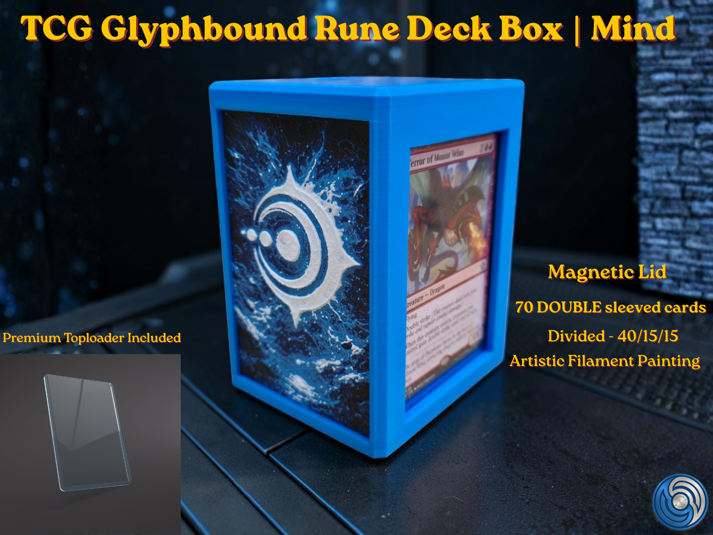Glyphbound Mind Rune Riftbound Magnetic TCG Deck Box | HueForge Multi-Colour Art Panel | Blue Mind Rune Edition | Compatible with Riftbound, Pokémon TCG, Yu-Gi-Oh! and MTG Draft | Holds 70 Double Sleeved Cards | UK Made by Origin·S Studio Rotherham | Gift for TCG Player