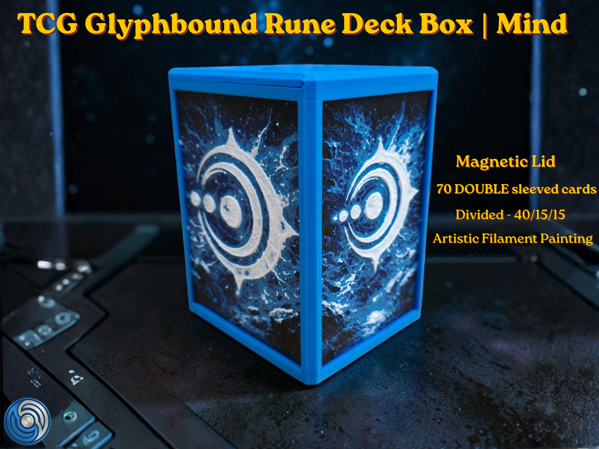 Glyphbound Mind Rune Riftbound Magnetic TCG Deck Box | HueForge Multi-Colour Art Panel | Blue Mind Rune Edition | Compatible with Riftbound, Pokémon TCG, Yu-Gi-Oh! and MTG Draft | Holds 70 Double Sleeved Cards | UK Made by Origin·S Studio Rotherham | Gift for TCG Player