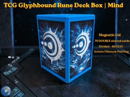 Glyphbound Mind Rune Riftbound Magnetic TCG Deck Box | HueForge Multi-Colour Art Panel | Blue Mind Rune Edition | Compatible with Riftbound, Pokémon TCG, Yu-Gi-Oh! and MTG Draft | Holds 70 Double Sleeved Cards | UK Made by Origin·S Studio Rotherham | Gift for TCG Player