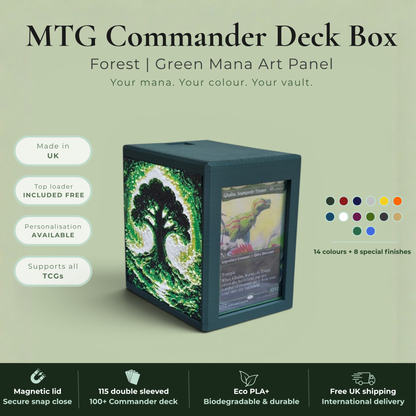 Green mana MTG Commander deck box handmade in Rotherham UK — Forest ancient tree and woodland stream art panels in green and white filament, magnetic lid, 115 double-sleeved card capacity, Commander display slot with top-loader included, colour applies to box body only, available in 14 colours and 8 special finishes.