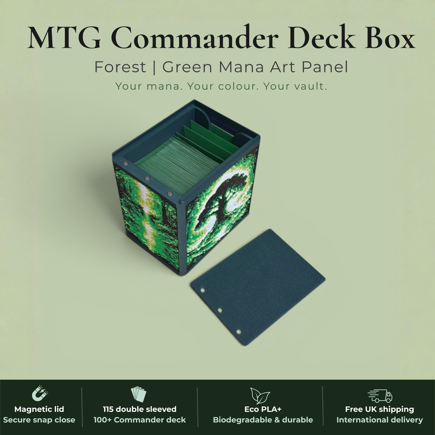 Green mana MTG Commander deck box handmade in Rotherham UK — Forest ancient tree and woodland stream art panels in green and white filament, magnetic lid, 115 double-sleeved card capacity, Commander display slot with top-loader included, colour applies to box body only, available in 14 colours and 8 special finishes.