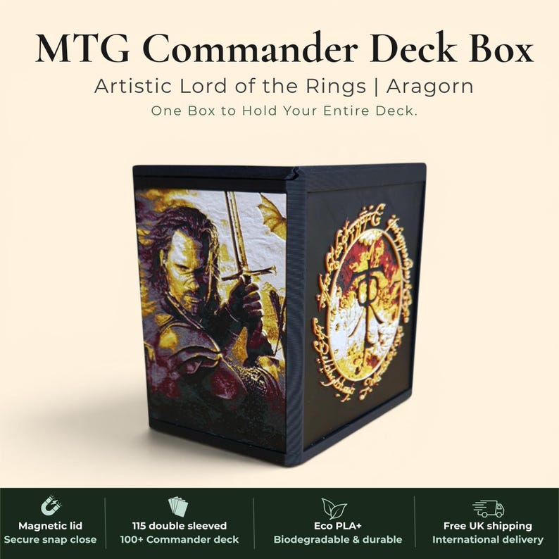 Aragorn King of Gondor MTG Commander deck box — 3D printed PLA+, handcrafted in the UK. Features Aragorn wielding Andúril in crimson and gold, One Ring Elvish rune inscriptions, magnetic closure, holds 115+ double sleeved cards, hero display compartment included. Perfect for MTG EDH, Lord of the Rings TCG, Lorcana and Pokémon TCG fans.