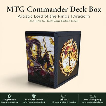Aragorn King of Gondor MTG Commander deck box — 3D printed PLA+, handcrafted in the UK. Features Aragorn wielding Andúril in crimson and gold, One Ring Elvish rune inscriptions, magnetic closure, holds 115+ double sleeved cards, hero display compartment included. Perfect for MTG EDH, Lord of the Rings TCG, Lorcana and Pokémon TCG fans.